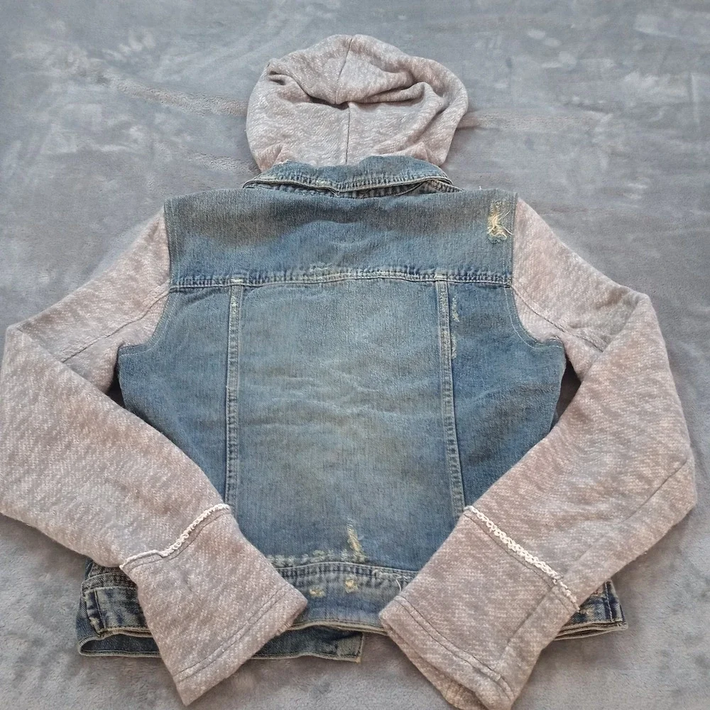 Free People Denim Jacket Women's Small Hooded Trucker Knit Hybrid Distressed - Picture 14 of 16
